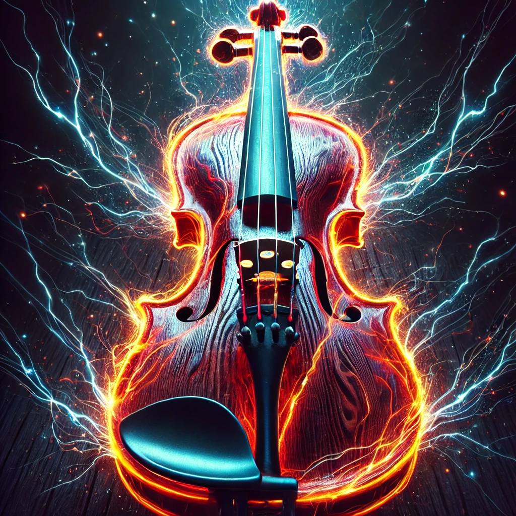 A violin surrounded by glowing, electric energy lines, creating a dynamic and vibrant effect against a dark background.