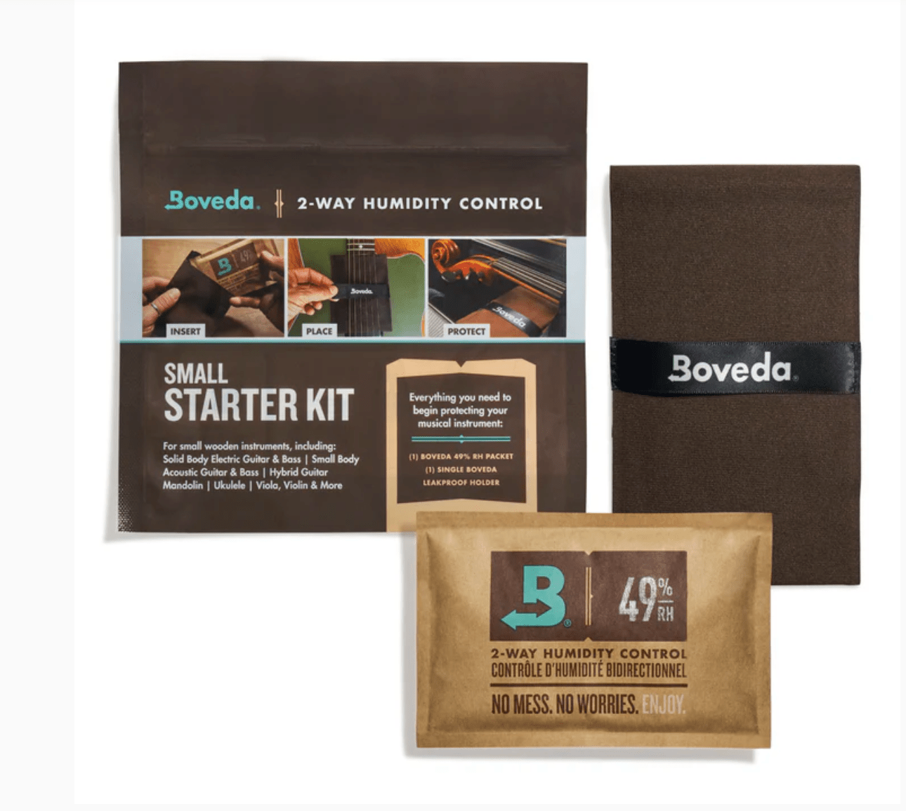 Boveda Small Starter Kit with 2-way humidity control pack, brown cloth pouch, and packaging for musical instruments. Text describes product use and humidity level of 49%.