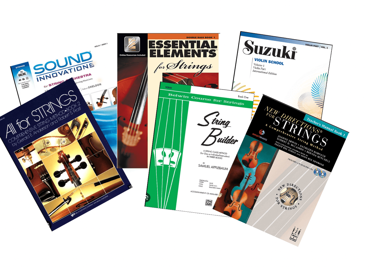 Six different beginner violin method books are arranged side by side, showing their colorful front covers with various violin images and titles, including Suzuki, Sound Innovations, and Essential Elements.