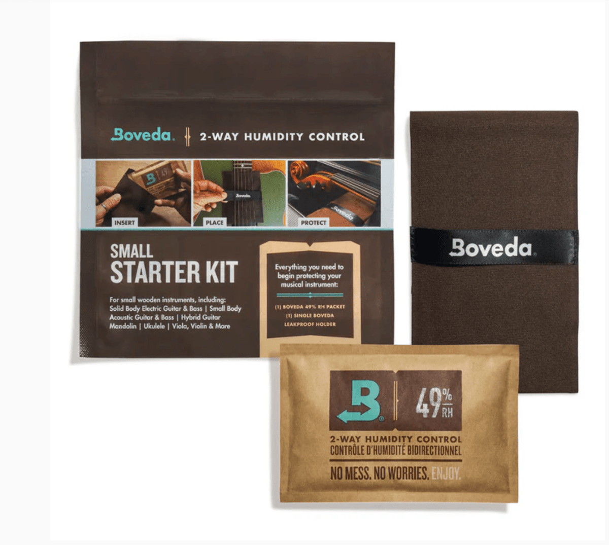 Boveda 2-way humidity control small starter kit, featuring a brown pouch, a packet labeled 49% RH, and packaging for musical instrument protection.