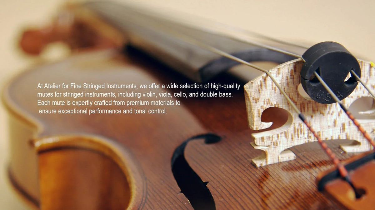 Close-up of a violin bridge and strings with text describing high-quality mutes for stringed instruments, including violin, viola, cello, and double bass, crafted for performance and tonal control.