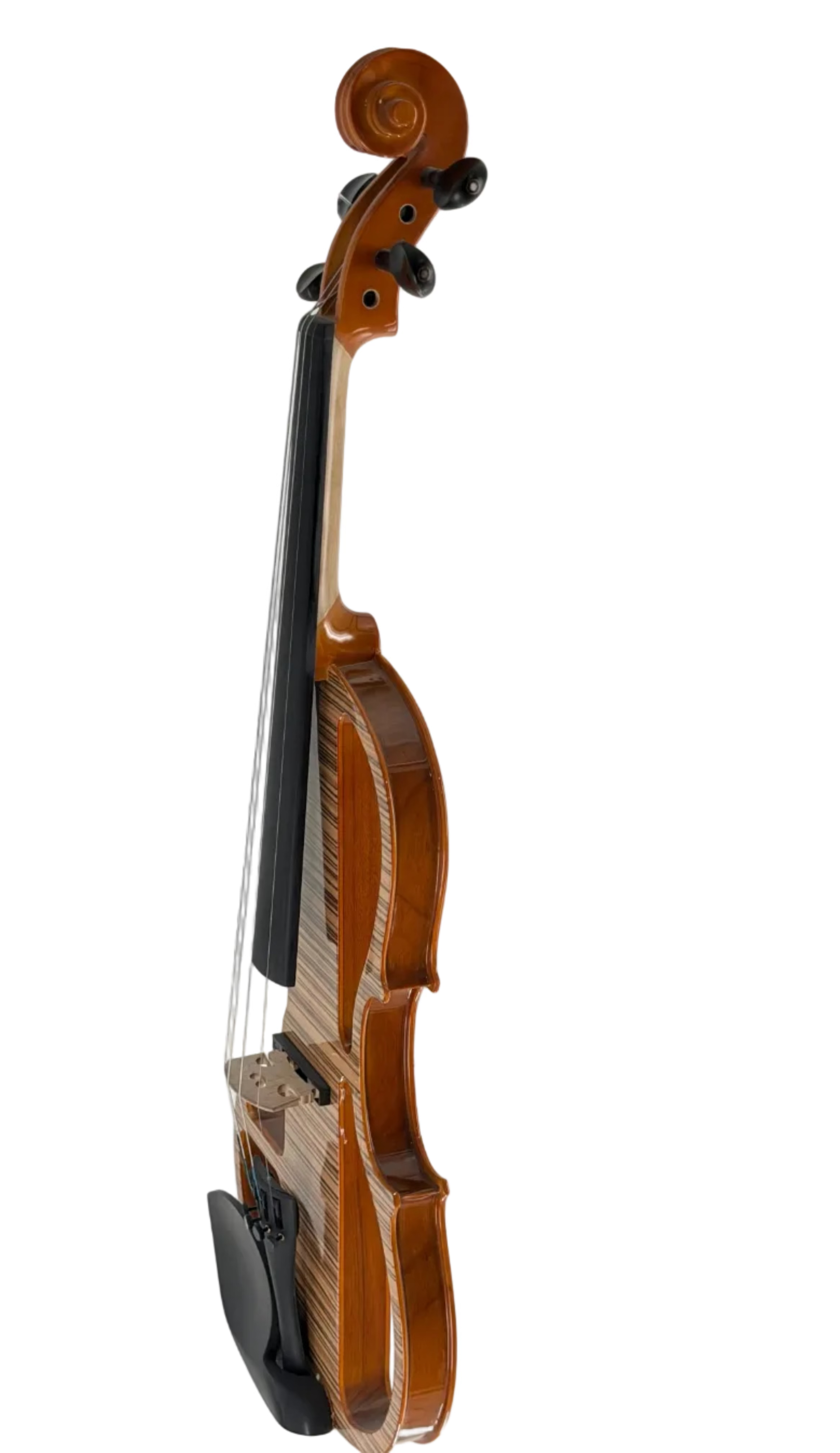 The Geneva Electric Violin with Shadow Preamp, professionally set up at Atelier, is shown from the side on a white background; it features black tuning pegs, strings, and chin rest—ideal for silent practice or amplified performance.