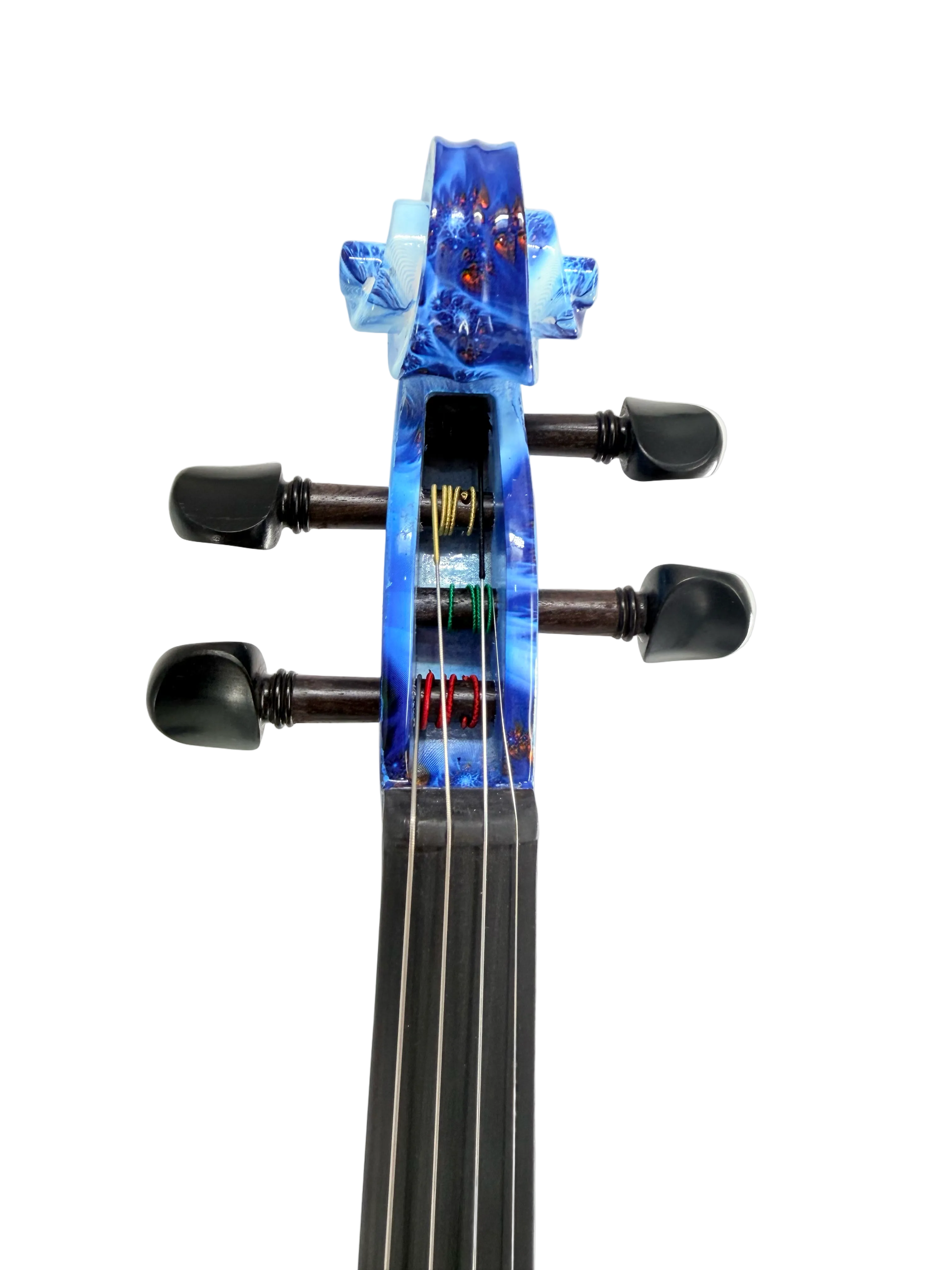 Close-up of a violin headstock with a glossy blue marbled finish, black tuning keys, and four strings against a plain light background.