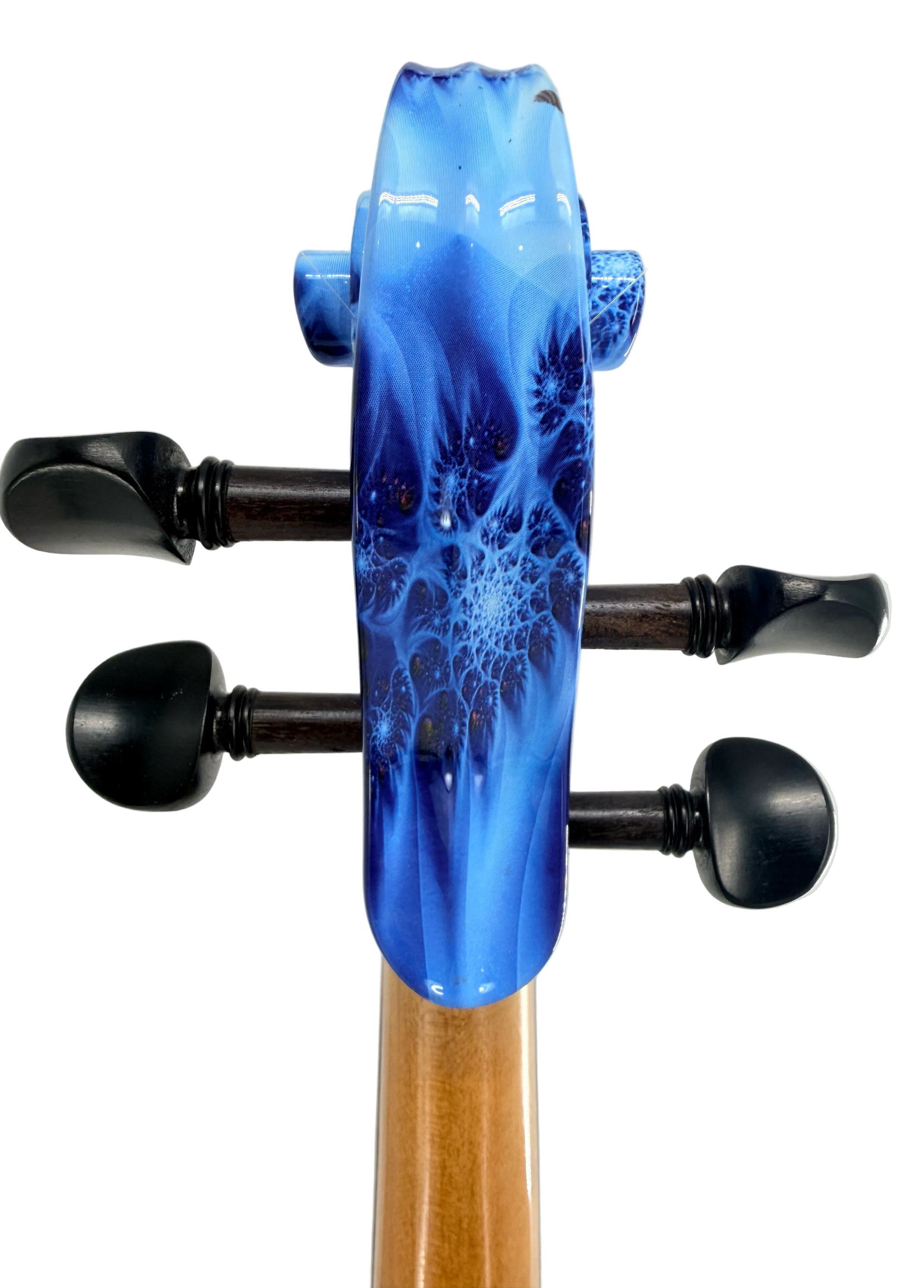 A close-up of the Geneva Acoustic / Electric Violin’s scroll, painted with a blue, fractal-like design. The tuning pegs are black, and the neck retains its natural wood finish. The image highlights the artistic detail on the scroll, showcasing this acoustic-electric violin in a professional setup.