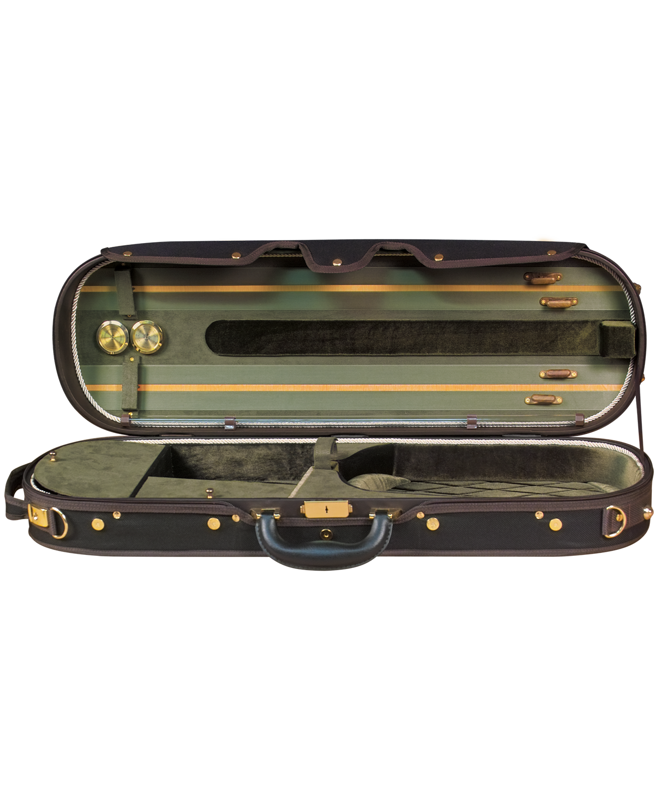 The Baker Street 4030 Oblong Violin Case features a black exterior, green velvet interior, accessory compartments, gold-tone hardware, bow holders, and two round rosin compartments in the lid for a touch of elegance.