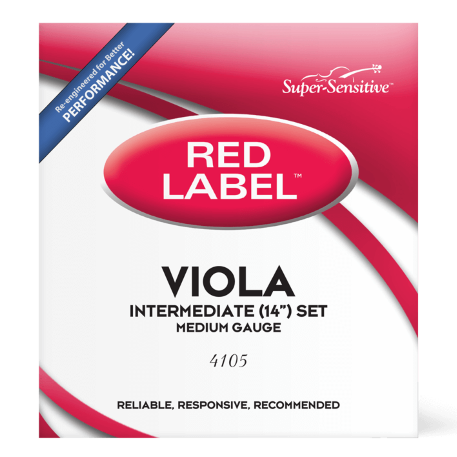 Product packaging for the D’Addario Red Label Viola String Set, designed specifically for student violists and marked as Intermediate (14) Set, Medium Gauge with product number 4105. The design features red and white colors, highlights the reliable steel-core construction, and displays the Super-Sensitive brand logo.