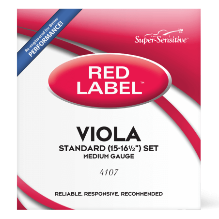 D’Addario Red Label Viola String Set package with a red, white, and gray design. The text reads: D’Addario, Red Label, Viola, Standard (15-16 1/2) Set, Medium Gauge, 4107, Reliable, Responsive, Recommended. This high-quality viola string set features durable steel-core strings—an ideal choice for student violists seeking dependable performance.