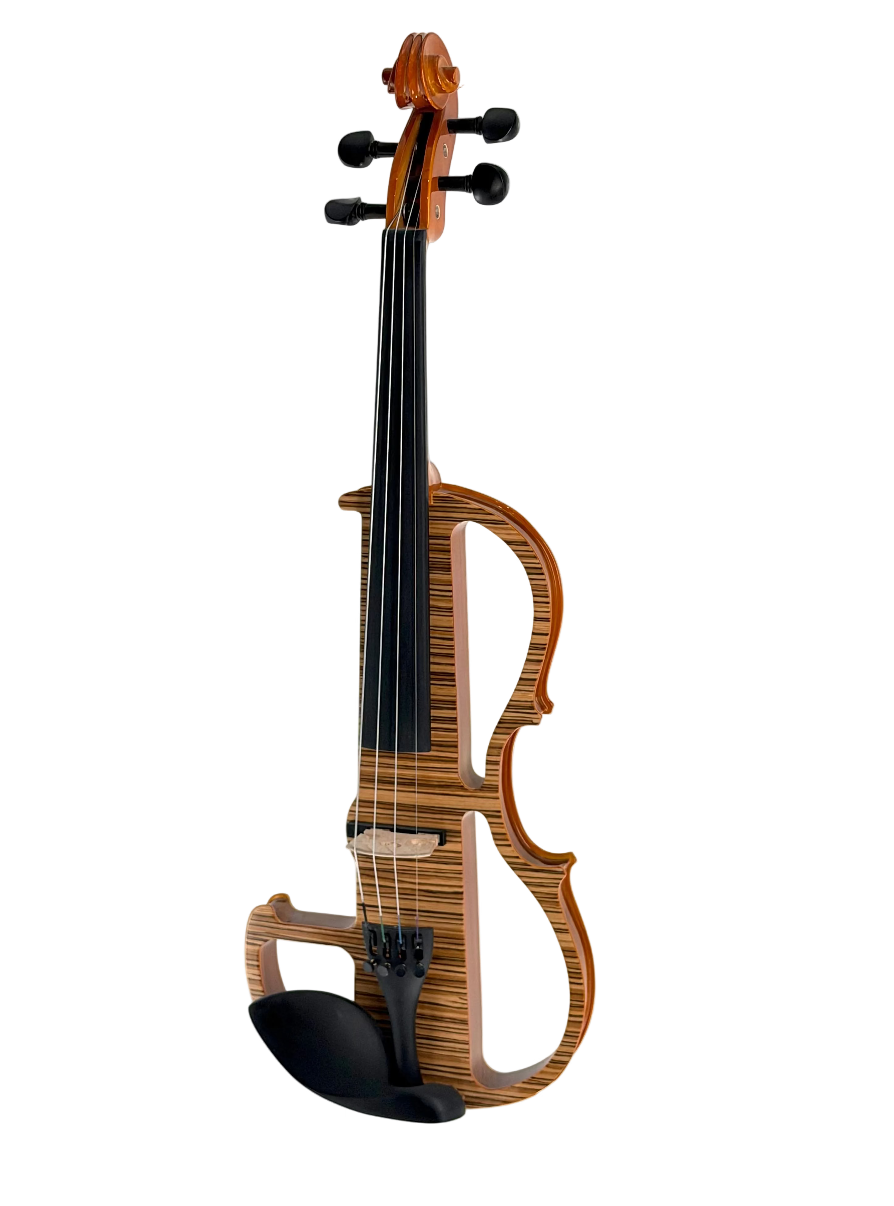 The Geneva Electric Violin with Shadow Preamp features a wooden, partially open frame, four strings, black tuning pegs and chin rest—professionally set up at Atelier for silent practice or amplified performance.
