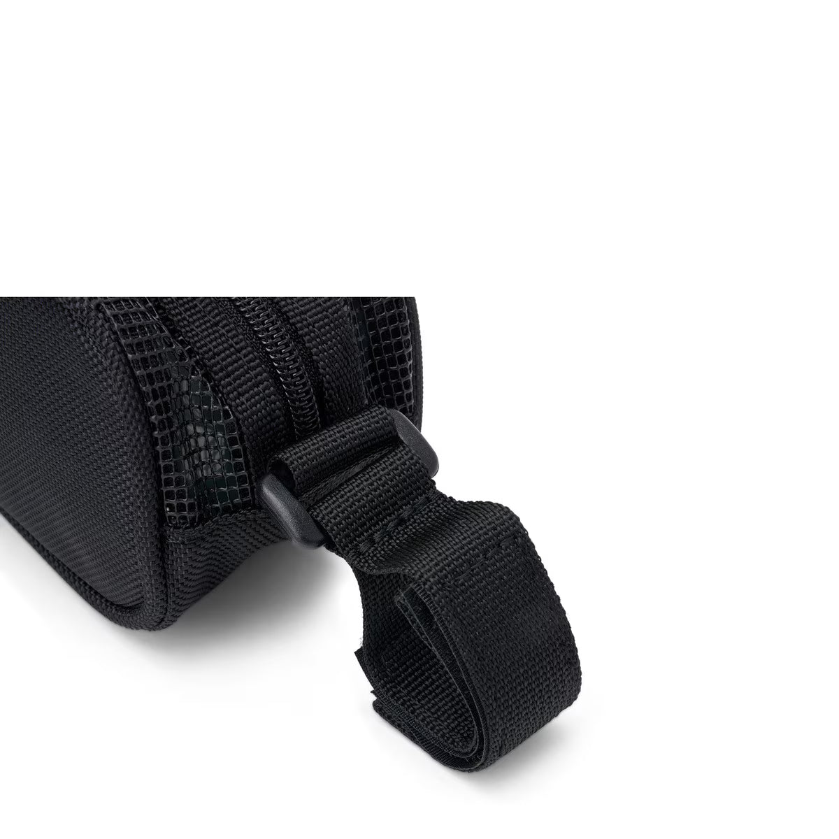 Close-up of the Protec Violin / Viola Shoulder Rest Pouch, featuring a black zippered case with a textured strap loop, photographed on a white background. Perfect for safely and securely storing your shoulder rest.