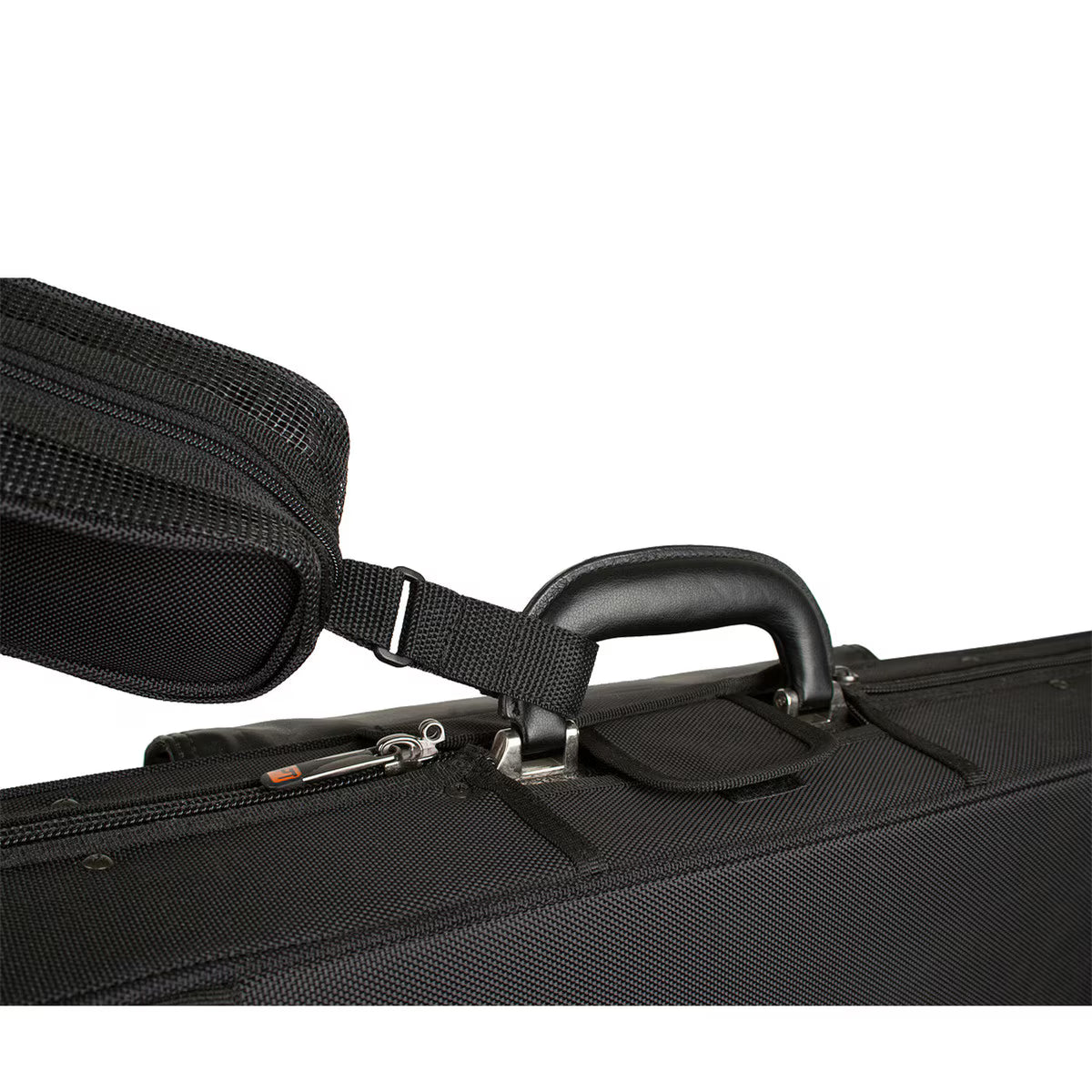 A close-up of the Protec Violin / Viola Shoulder Rest Pouch shows its black textured case, padded strap attached to a metal ring, black leather handle, and visible zipper and stitching details.