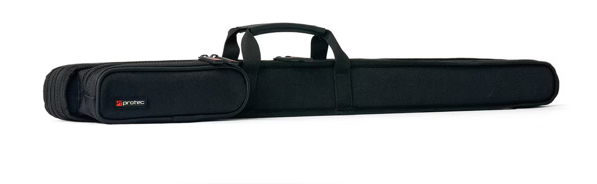 Protec Violin Bow Case in a long, narrow black rectangular shape with a small exterior pocket, a center handle, and a zipper closure.