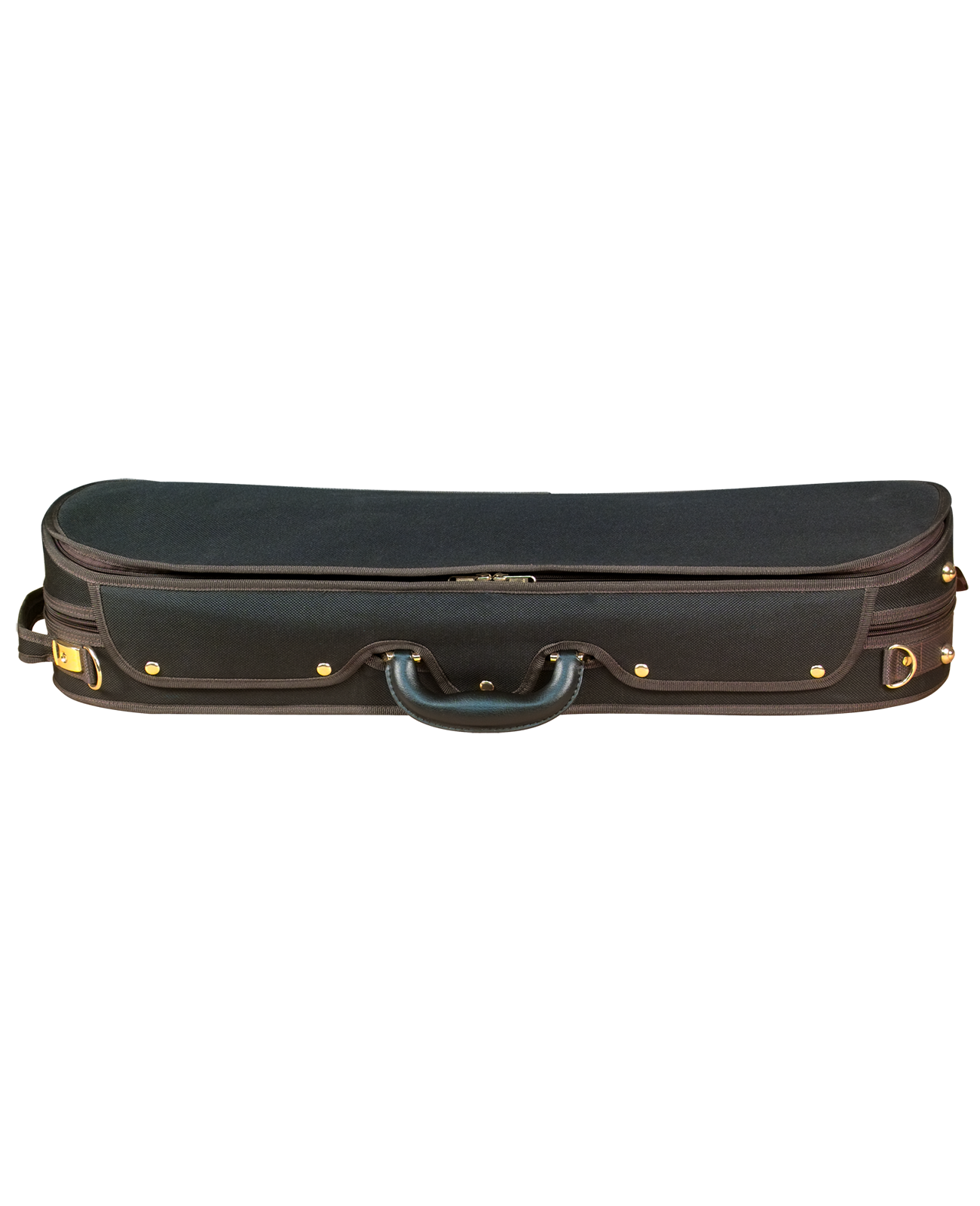 The Baker Street 4030 Oblong Violin Case is a closed rectangular black case with gold hardware and a central black handle, shown against a white background—a stylish, lightweight option for modern violinists.