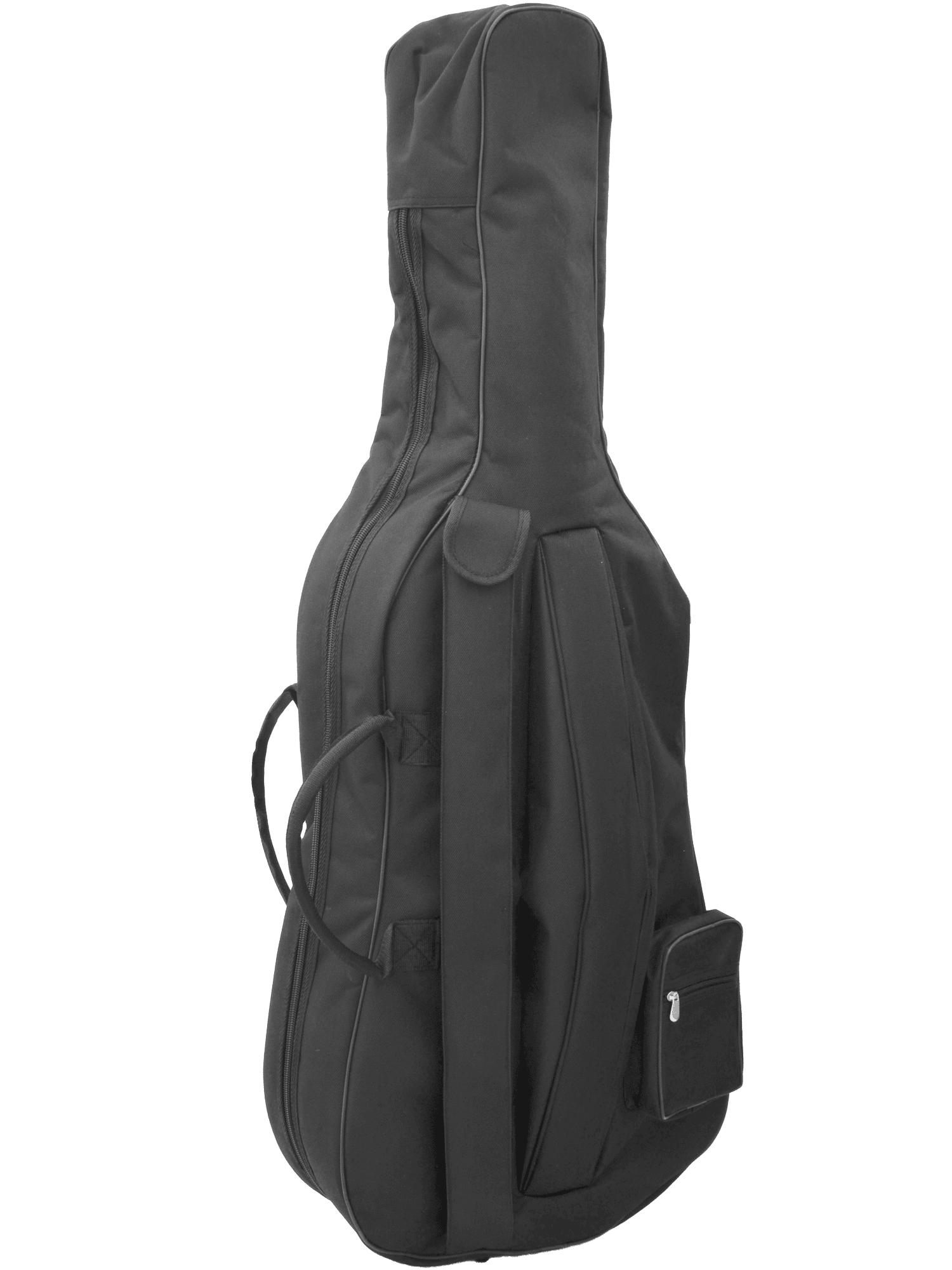 The Maple Leaf Strings Deluxe Cello Bag is a black padded carrying case with a convenient handle and a small exterior pocket, shown standing upright against a plain white background, designed to offer superior protection for your cello.
