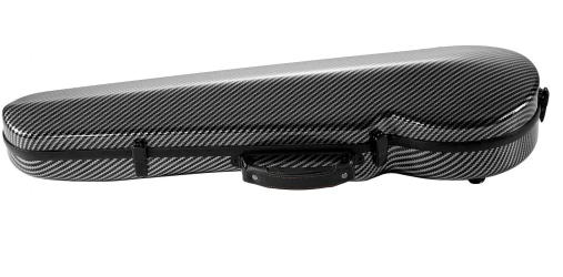 The Atelier Lightweight Composite Violin Case – 4/4 is a full-size violin case made from lightweight composite materials, featuring a diagonal, textured carbon fiber pattern and a sturdy handle, shown closed in a side view.