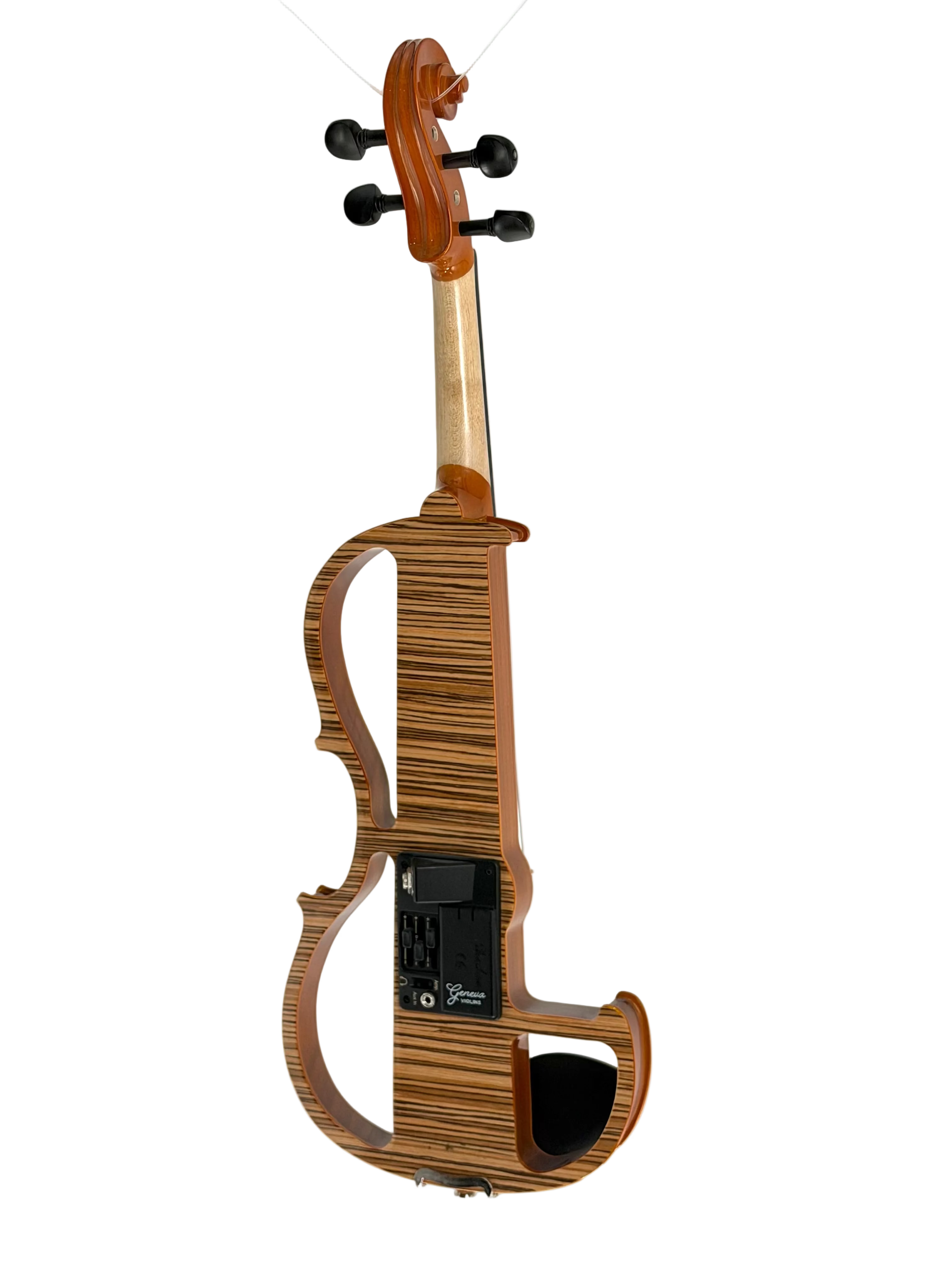 The Geneva Electric Violin with Shadow Preamp, professionally set up at Atelier, features a partially open wooden body with visible electronics, perfect for silent practice and amplified performance, shown against a plain white background.