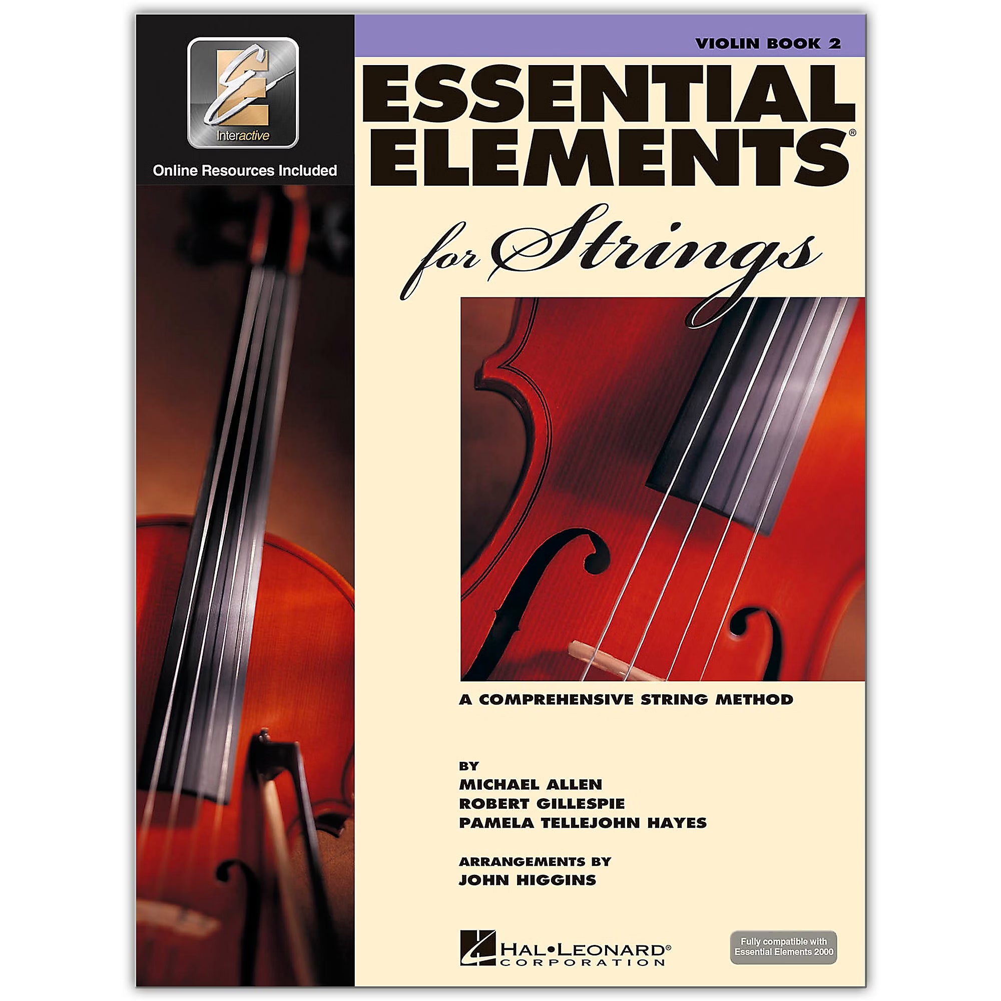Cover of Essential Elements for Strings - Violin Book. Designed for beginners, it features close-up images of a violin and bow to highlight string instrument pedagogy. Authors: Michael Allen, Robert Gillespie, and Pamela Tellejohn Hayes.