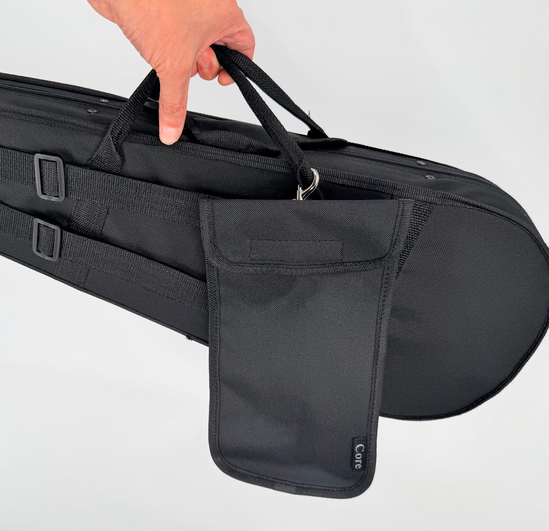 A hand holds a black Pouch for Shoulder Rest with a handle and attached Core shoulder rest pouch, set against a plain white background.