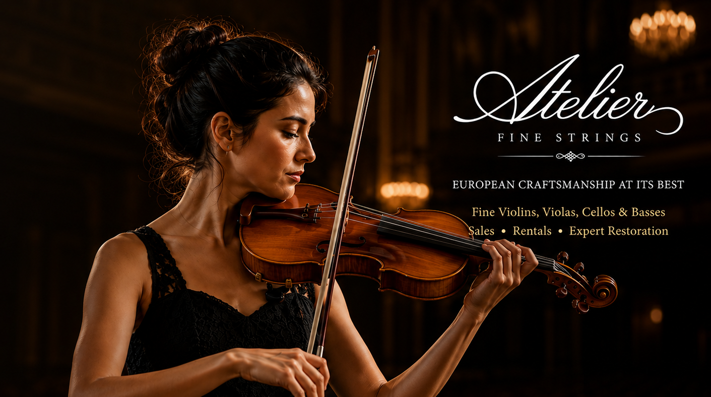 Woman playing violin in a concert hall with 'Atelier Fine Strings' branding.