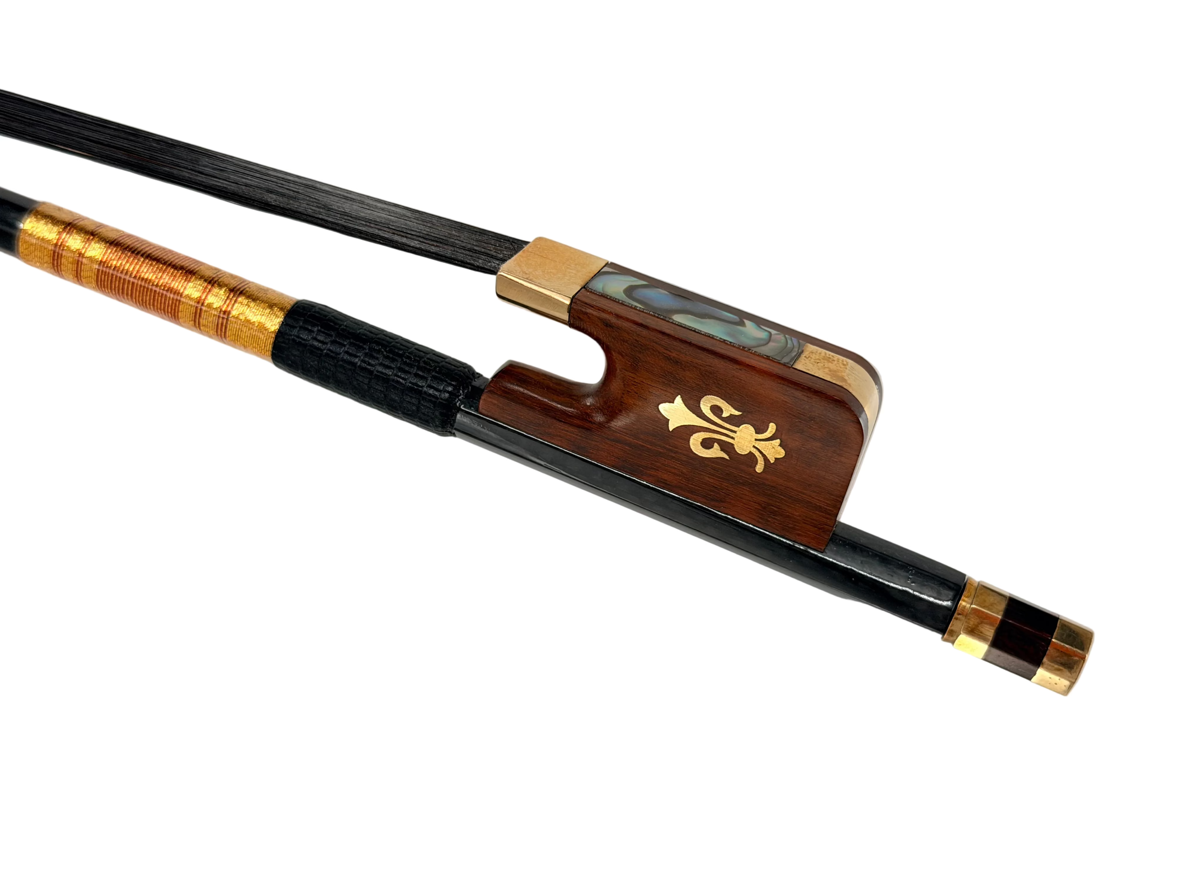 A close-up of the Nicely-Crafted Rosewood Frog Bow with Fleur-de-lis inlay, gold winding, and black horse hair, highlighting its ornate design and medium to strong stiffness against a white background.