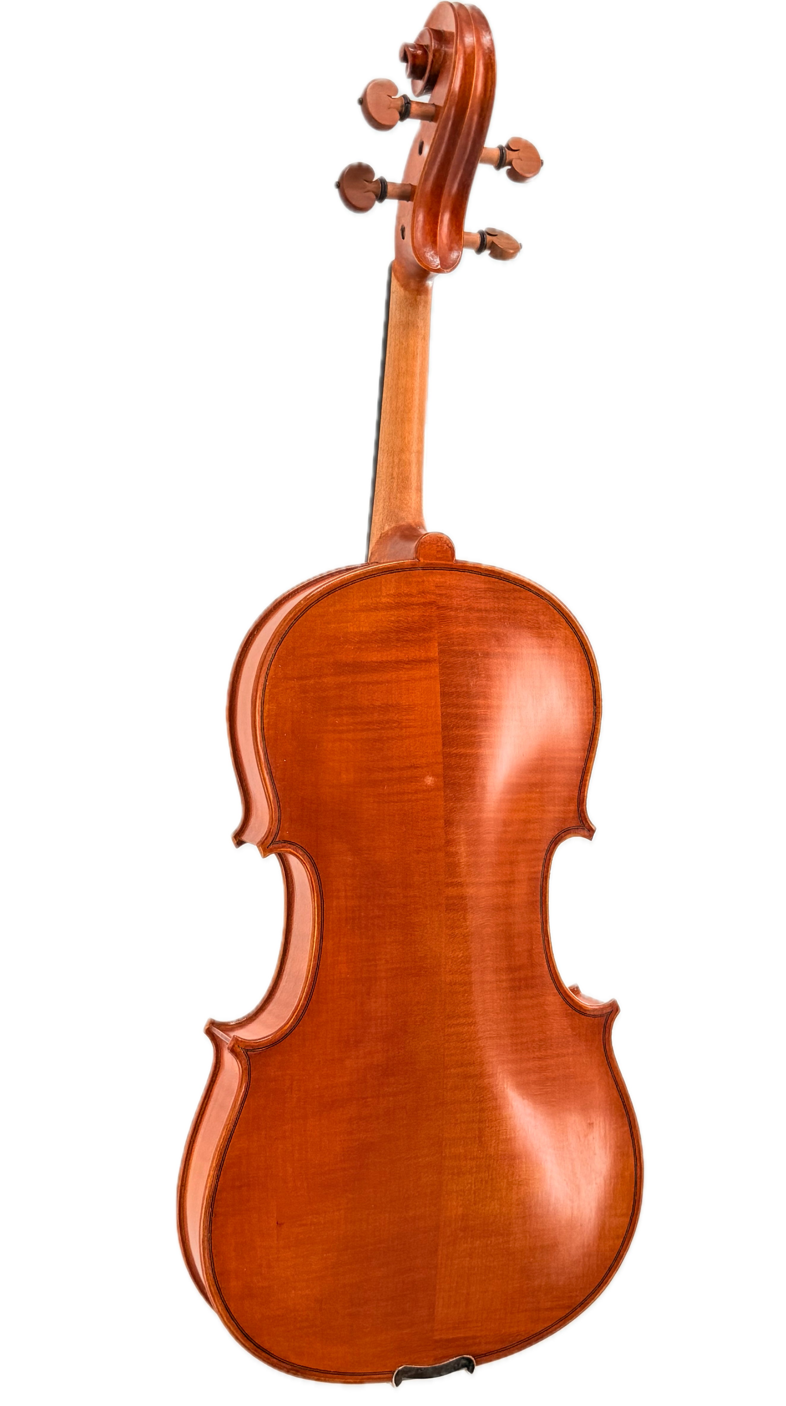 A handcrafted viola, such as the Andreas Eastman VA200 Stradivari Viola, is photographed from the back, highlighting its smooth, polished wooden surface and elegant curved shape, with tuning pegs and the scroll visible at the top.