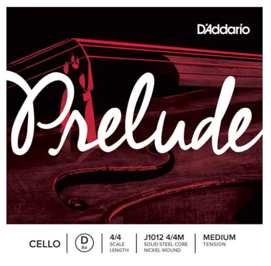 A close-up of a cello fills the image, overlaid with “Prelude” in large script. The D’Addario logo appears at the top right. Text below specifies that this is for a 4/4 cello and highlights the D’Addario Prelude Cello D String—celebrated for its medium tension, solid steel core, and nickel winding—an excellent choice for discerning cellists seeking a dependable string.