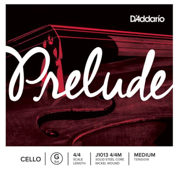 D’Addario Prelude Cello G String package featuring “Prelude” in prominent script over a close-up image of a cello. Designed for student cellists, the text below highlights its 4/4 scale, solid steel core, nickel winding, and medium tension—showcasing the dependable D’Addario Prelude Cello G String.