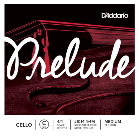 A close-up of a cello with “Prelude” prominently written across the image; the D’Addario logo appears at the top right. Along the bottom, text reads: D’Addario Prelude Cello C String—4/4 scale (J1014 4/4M), medium tension, solid-steel core, nickel wound—celebrated for its rich and reliable tone.
