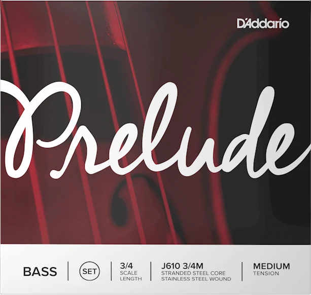Close-up of D’Addario Prelude Double Bass String Set – Medium Tension packaging, showcasing bold white Prelude text against a red and black strings backdrop. The bottom highlights 3/4 scale length, stranded steel core construction, and medium tension—features that make these student bass strings a dependable choice for those seeking reliable steel core performance.