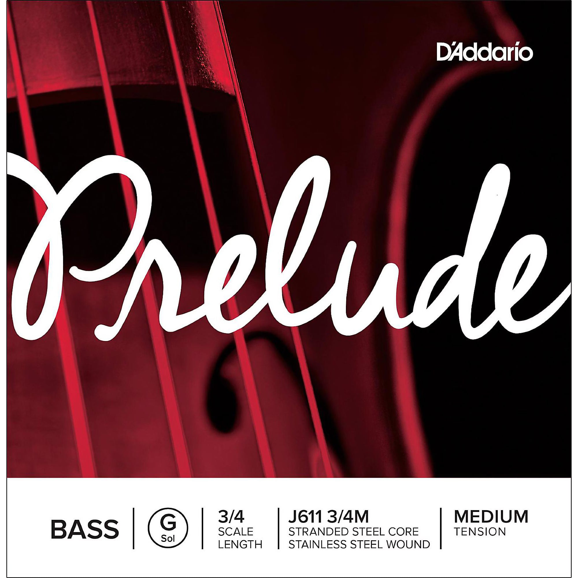 Close-up of a D'Addario Prelude Bass G String package for 3/4 bass, highlighting steel core, stainless steel winding, and medium tension. "Prelude" appears in large script across the image.