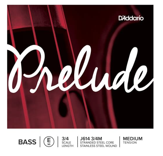 A close-up of a string instrument displays the D’Addario Prelude Bass E String packaging, featuring “Prelude” in large script along with the D’Addario brand name and product information: Bass, 3/4 scale, J614 3/4M. Designed with a stranded-steel core and stainless steel winding for medium tension, this double bass E string is crafted for student bassists who value consistent and reliable performance.