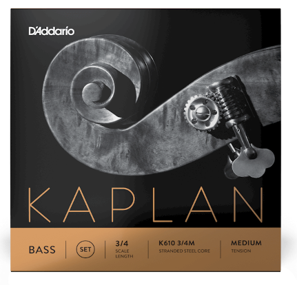 The striking black and bronze packaging of the Kaplan Orchestral Bass String Set for 3/4 size