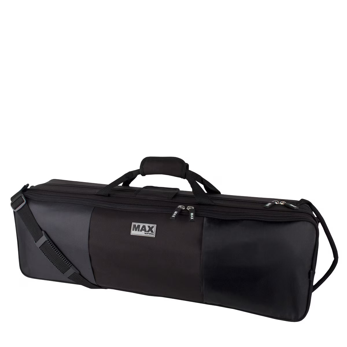 The Protec MAX Oblong Violin Case – 4/4 Full Size, Black, features a shoulder strap, two handles, padded handle, zippered compartments, and displays the MAX logo on the front.