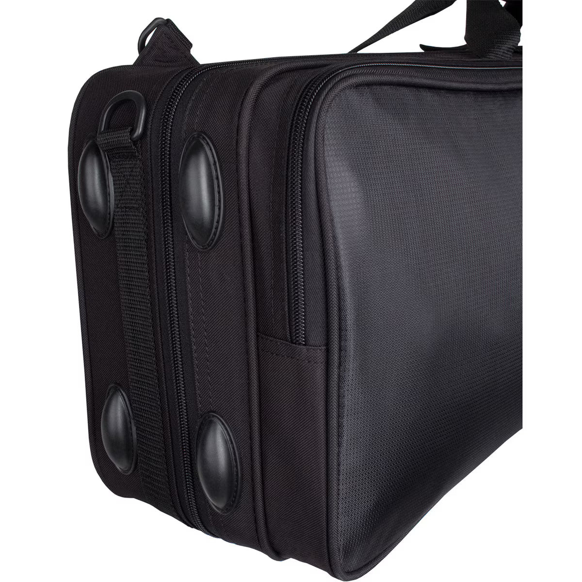Close-up of the Protec MAX Oblong Violin Case – 4/4 Full Size, Black, featuring a textured surface, sturdy zipper, and protective rubber feet for stability—a durable and reliable choice for student violinists.