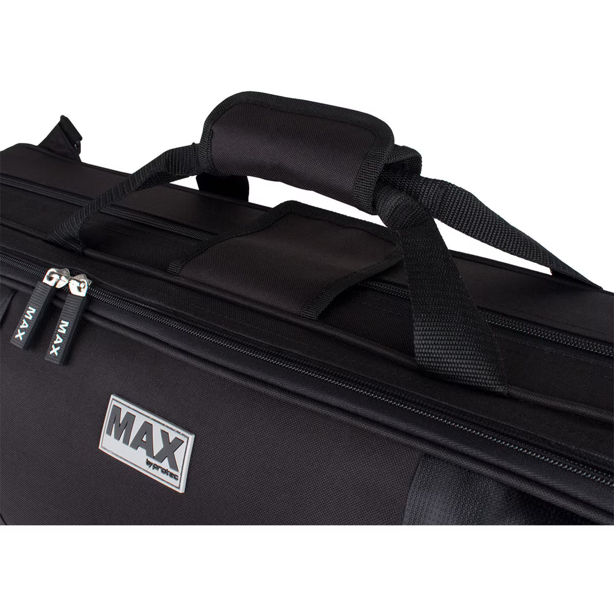 A close-up of the Protec MAX Oblong Violin Case – 4/4 Full Size, Black, highlights its sturdy fabric handles, MAX-labeled zipper pulls, and padded section for comfortable carrying.