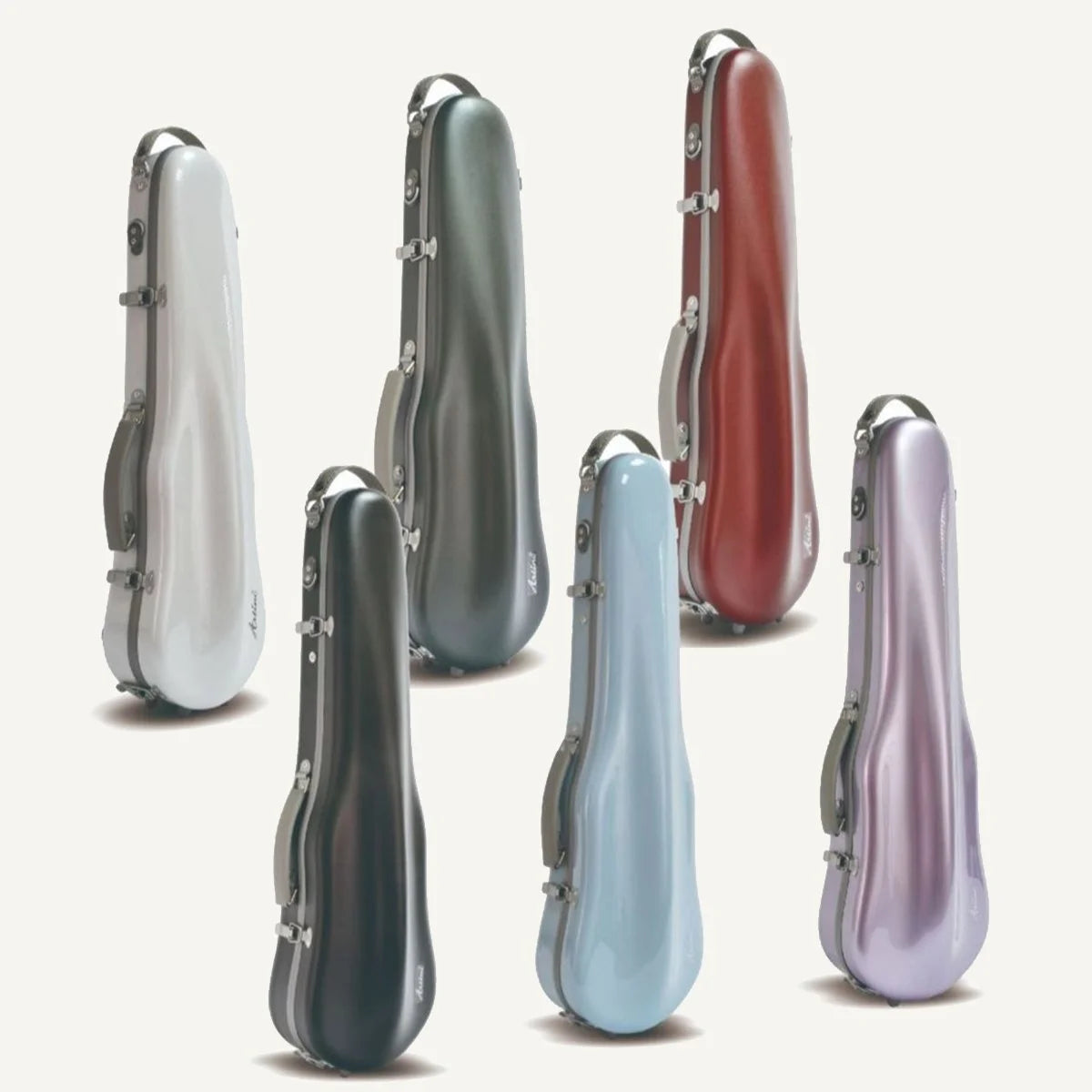 Six Artino Muse CN3804 Violin Cases (4/4 & 3/4), featuring glossy polycarbonate shells in silver, gray, red, black, blue, and lavender, stand upright on a light background arranged in two rows of three.