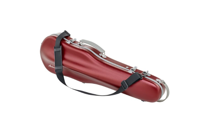 Artino Muse CN3804 Violin Case for 4/4 & 3/4 violins in red, featuring a robust polycarbonate hard-shell exterior, silver latches, and a black shoulder strap. Displayed on a white background, this case takes inspiration from premium violin case designs and is equipped with an advanced suspension system to provide superior protection for your instrument.