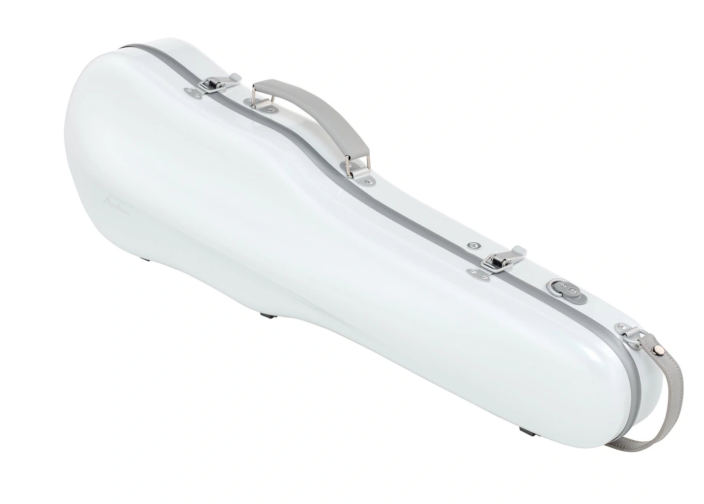 The Artino Muse CN3804 Violin Case (4/4 & 3/4) is displayed closed, featuring a white polycarbonate hard shell, a gray handle, and metal latches, resting on a white background.