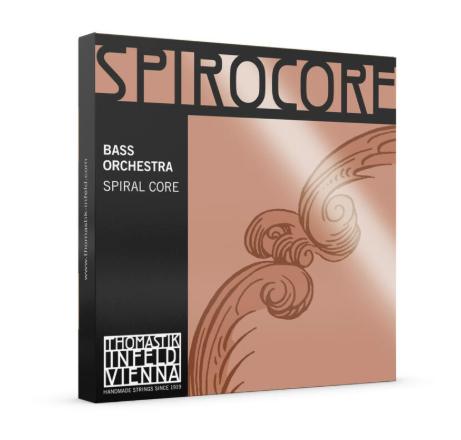 A box of Thomastik-Infeld S42 Spirocore Upright Double Bass Strings - 4/4 Medium, featuring a pink and brown design with bold text and a decorative swirl pattern on the front. These premium steel core bass strings are renowned for their versatile sound and exceptional durability.