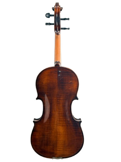 An Andreas Eastman VA305 Stradivari Viola is shown from the back, highlighting its polished brown surface, elegant curves, and the neck with tuning pegs—all reflective of fine craftsmanship—set against a white background.