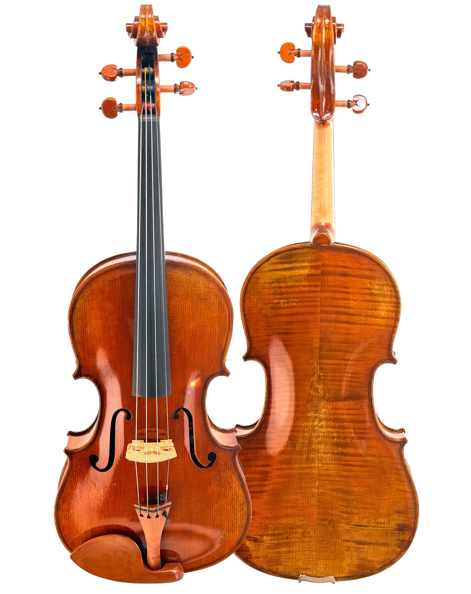 Two Andreas Eastman VA405 Violas are shown: one displays the front with strings and f holes, while the other reveals the back highlighting a glossy wood finish. Both feature a rich brown color, wooden tuning pegs, and an antiqued spirit varnish reminiscent of finely handcrafted instruments.