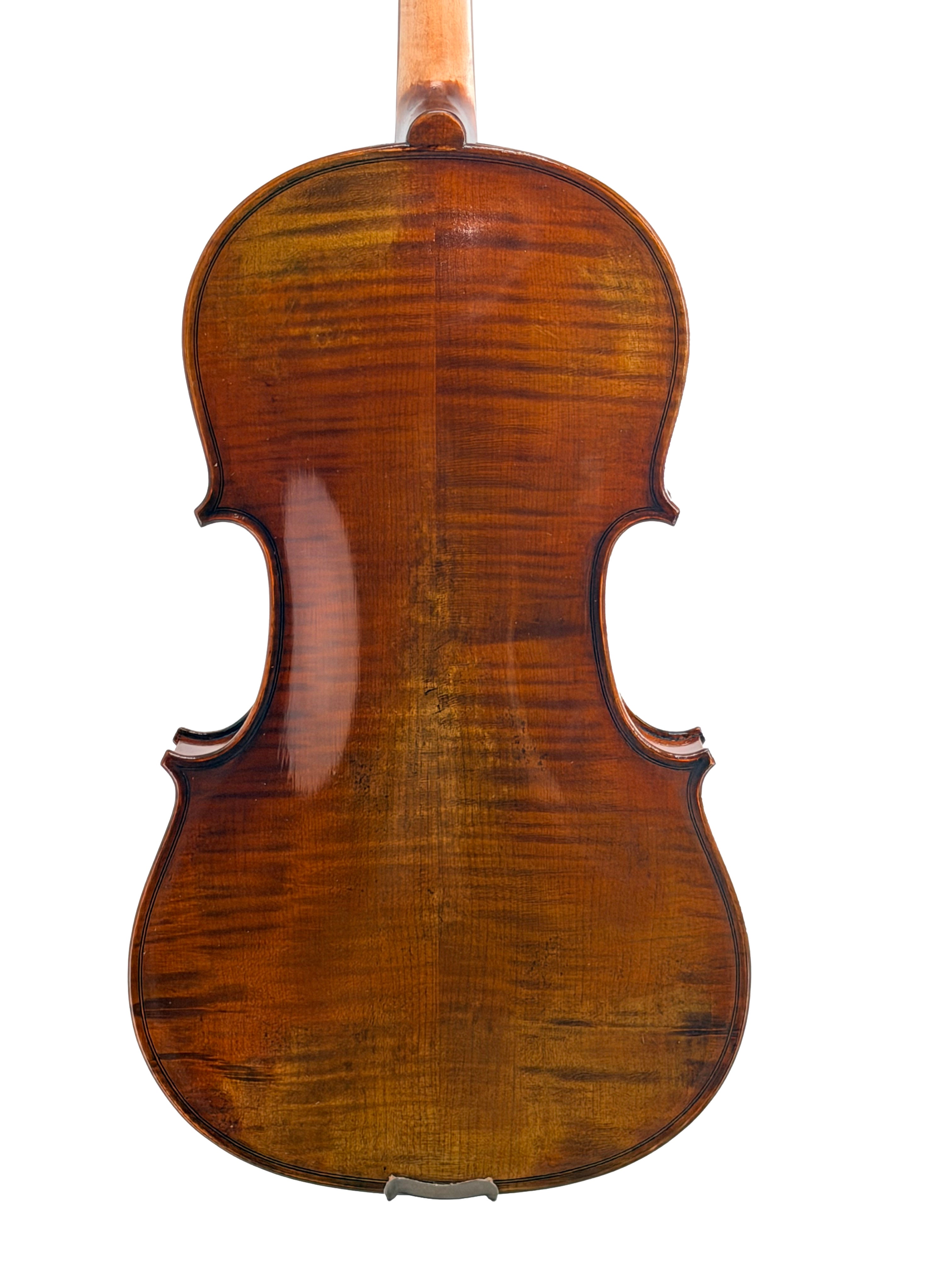The back of the Andreas Eastman VA405 Viola, crafted from polished brown wood and finished with an antiqued spirit varnish that accentuates its rich wood grain and smooth finish, photographed against a white background.