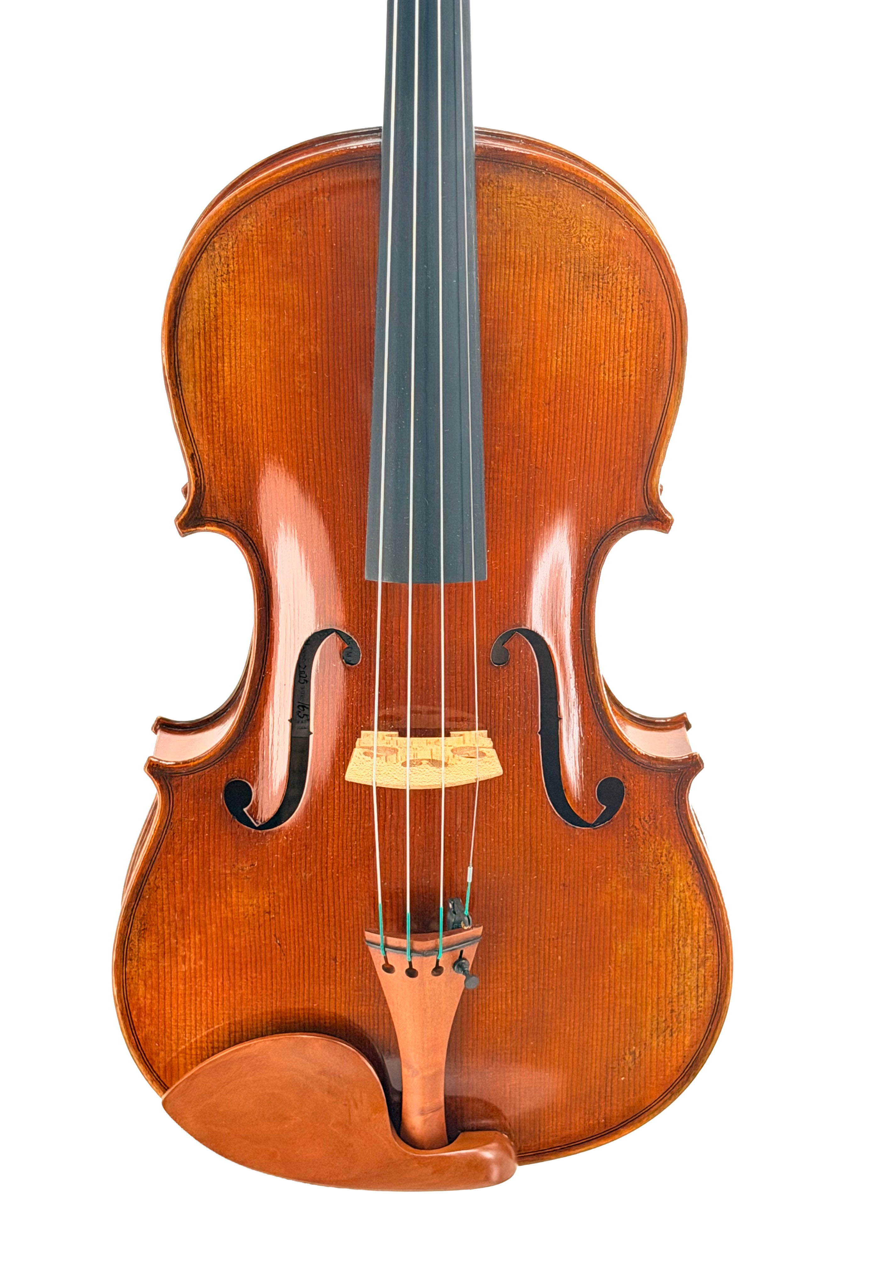A close-up of the Andreas Eastman VA405 Viola highlights its handcrafted front body, strings, f-holes, bridge, and chinrest, all finished in a warm antiqued spirit varnish, isolated on a white background.