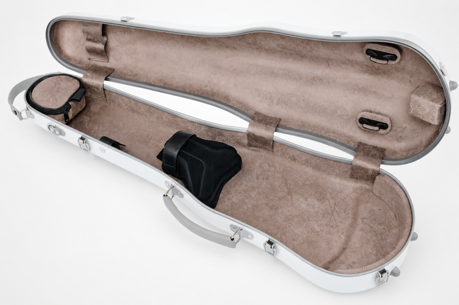 The Artino Muse CN3804 Violin Case | 4/4 & 3/4 is an open, empty white violin case with a brown velvet interior, featuring a lightweight polycarbonate shell and compartments for accessories and a shoulder strap inside.