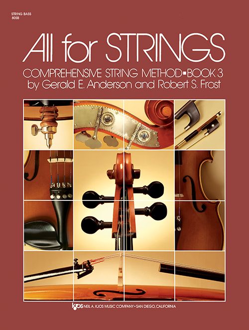 Book cover for All For Strings Bass featuring a collage of close-up string instruments, including a bass and violin, on a maroon background—ideal for any music education curriculum.