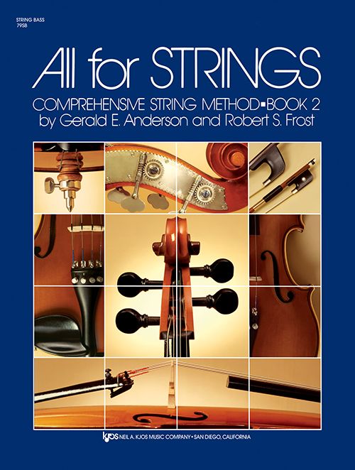 Cover of All for Strings Viola featuring a blue background, white text, and a grid of string instrument close-up photos—ideal for music education and beginner viola study.