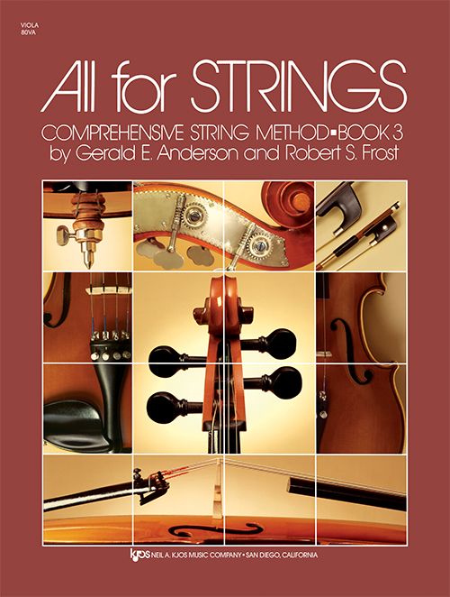 Cover of All for Strings Viola, ideal for string curriculum, displays a collage of violin, cello, and bow parts on a maroon background with white and red text—perfect for music education.