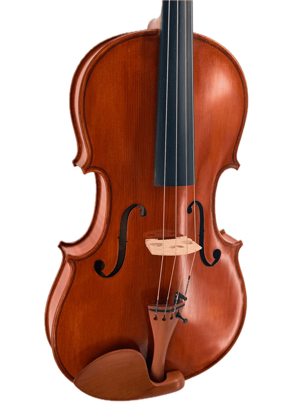A close-up of the Andreas Eastman VA200 Stradivari Viola showcases its handcrafted brown body, detailed strings, f-holes, bridge, and tailpiece—evoking classic Stradivari elegance—set against a plain white background.