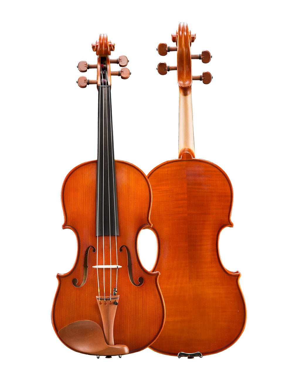 Two violas are shown: one facing forward displaying the strings and fingerboard, and the other turned to reveal the smooth wooden back. Both are set against a white background, showcasing features reminiscent of a fine step-up instrument, similar in craftsmanship to the Andreas Eastman VA200 Stradivari Viola.