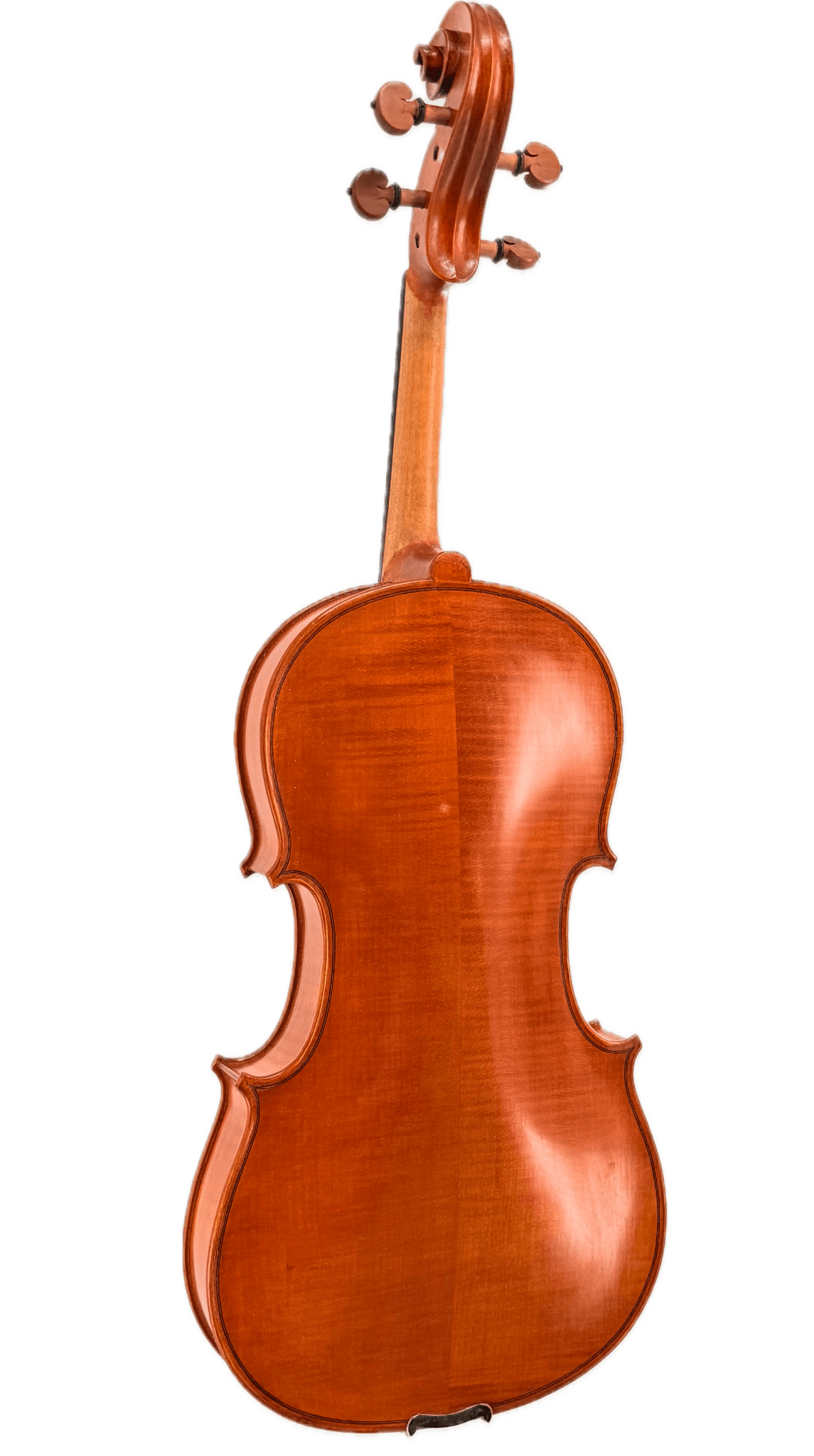 A handcrafted viola, such as the Andreas Eastman VA200 Stradivari Viola, is photographed from the back, highlighting its smooth, polished wooden surface and elegant curved shape, with tuning pegs and the scroll visible at the top.