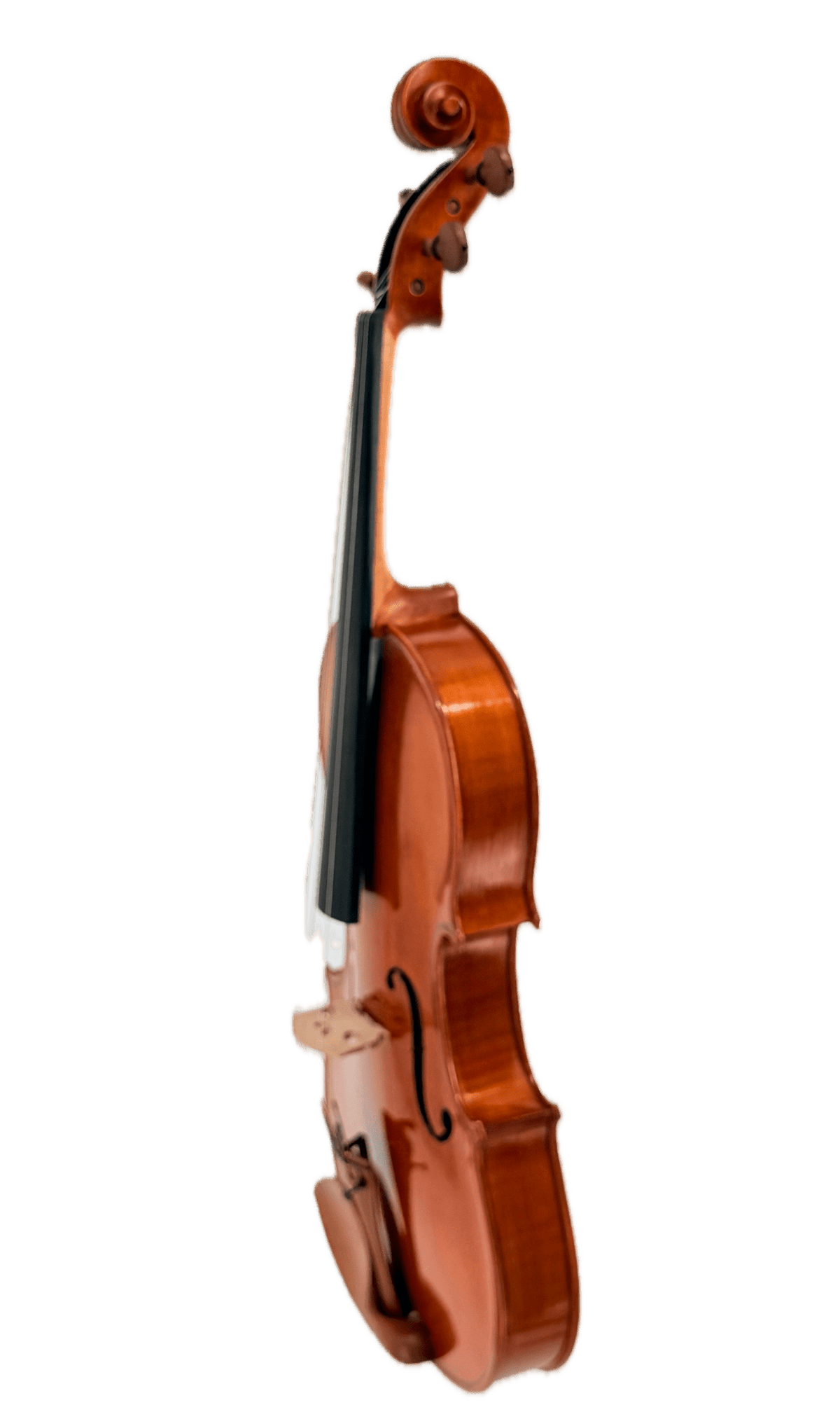 An Andreas Eastman VA200 Stradivari Viola stands upright, photographed from the side against a plain white background. The strings, chinrest, and gracefully curved body are visible, evoking the elegance of a classic Stradivari viola.